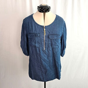 Jones New York Denim Blouse Women's L Blue Denim Half Zip Roll Tab Sleeves